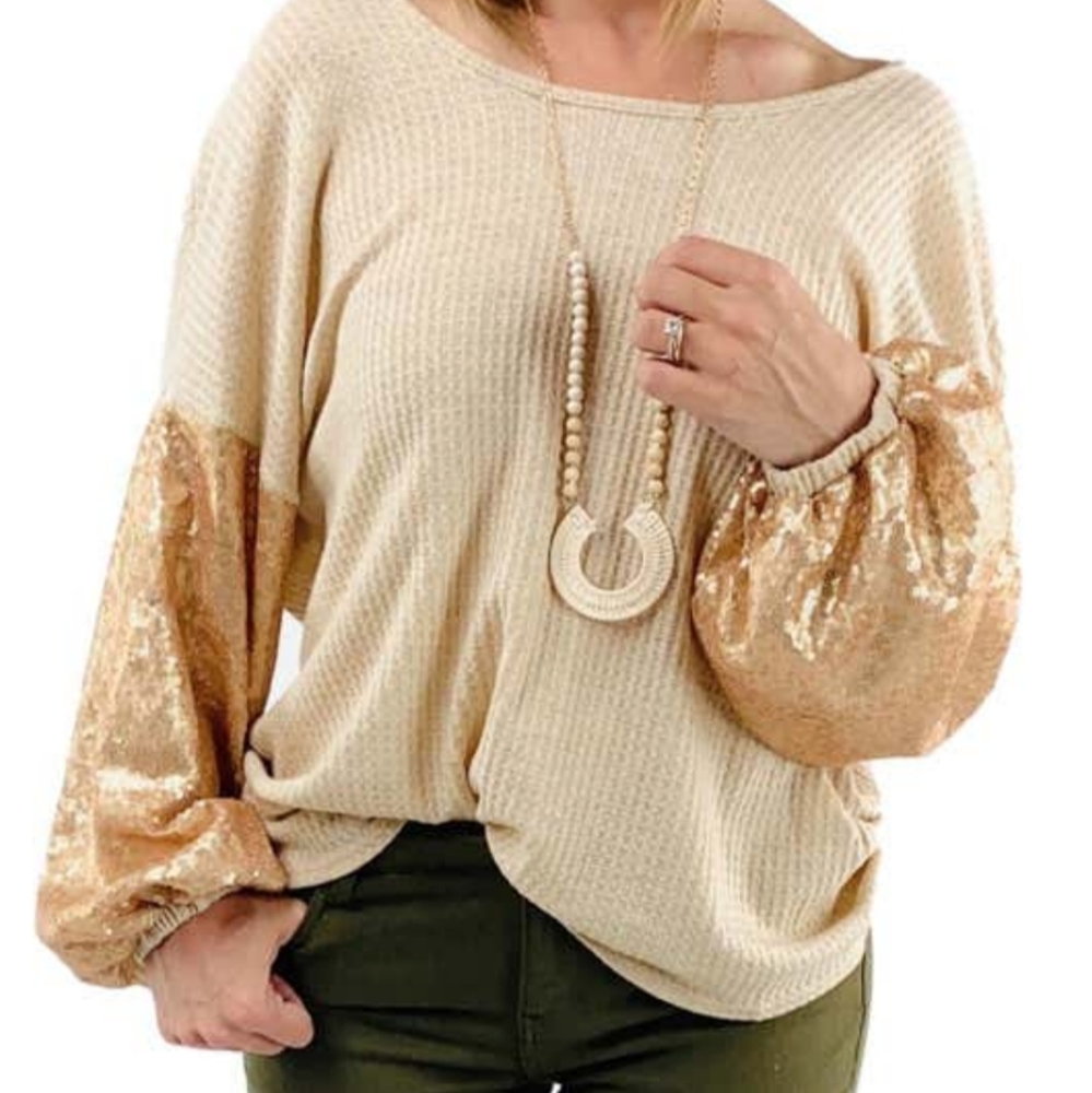 Like Brand New! Waffle Knit & Sequin Top w/ draped/open back